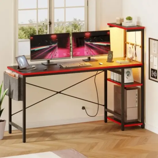 Bestier 61" Reversible Gaming Computer Desk with Power Outlet LED Desk with 4 Tier Shelves image {9}