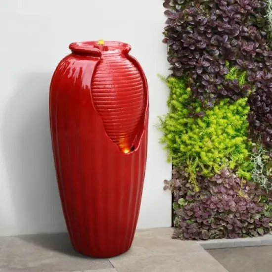 31.89" Glazed Vase Outdoor Floor Fountain with LED Light - Red - Teamson Home image {1}