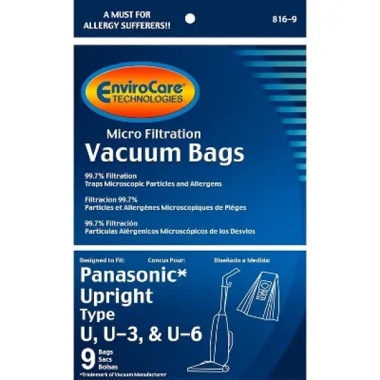 Panasonic Types U, U-3, U-6 Micro Filtration Vacuum Cleaner Dust Bags 9 Pack image {3}