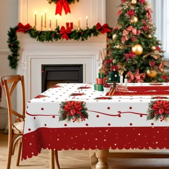 LOVEVOOK Christmas Tablecloth, Waterproof Table Cloth, Snowman Trees Red Washable Table Cover for Party Picnic Dinner Holiday Decor image {2}