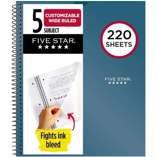 Five Star 220 Sheets 5 Subject Wide Ruled Customizable Notebook Feature Rich Teal: Spiral, 3 Hole Punched, Pockets image {7}