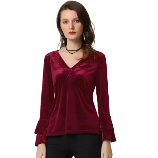 Allegra K Women's V Neck Velvet Blouse Flare Long Sleeve Peplum Top image {6}