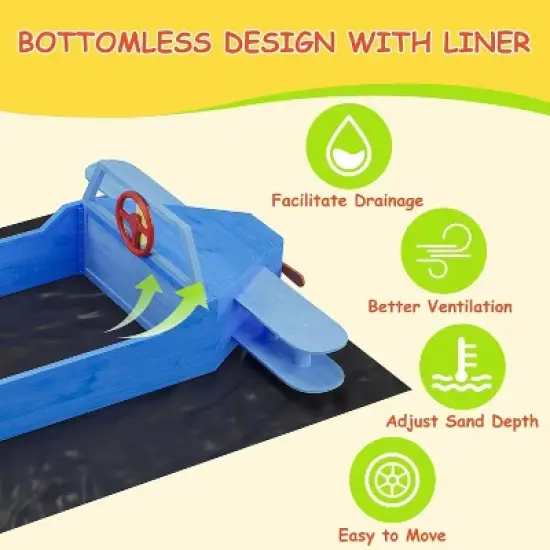 Airplane Wooden Sandbox &ndash; Kids Outdoor Sandpit with Drainage Liner, Foldable Benches & Playful Design for Backyard, Ages 4+ image {5}