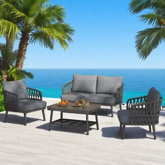 4-Piece Outdoor Conversation Set with Woven Rope U-Shaped Backrest, Acacia Wood Coffee Table, Water-Repellent Cushions image {4}