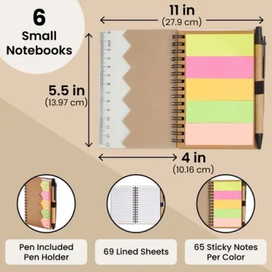 Juvale 6 Pack Small Notepad With Pen and Colored Sticky Index Tabs, Kraft Paper Cover Lined Spiral Notepad (4 x 5.5 In) image {3}