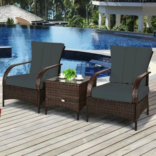 Costway 3 PCS Patio Rattan Furniture Set Coffee Table & 2 Rattan Chair W/Gray Cushions image {4}