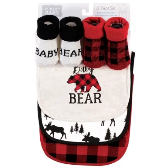 Hudson Baby Infant Boy Cotton Bib and Sock Set, Baby Bear Plaid image {1}