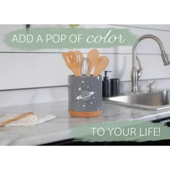 Elanze Designs 8 inch Galactic Stars and Planet Large Ceramic Kitchen Utensil Holder Gray and White Crock with Cork Base image {4}