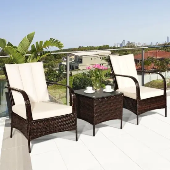 Tangkula 3PCS Patio Outdoor Rattan Conversation Set Furniture Set w/ Table Cushions image {3}