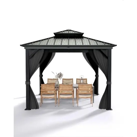 12' x 12' Hardtop Gazebo, Aluminum Frame Canopy with Galvanized Steel Double Roof, Netting & Curtains, Outdoor Pergola for Patio, Lawn, Garden, Khaki image {5}