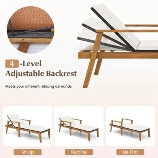 Tangkula 2 Piece Outdoor Chaise Lounge Chair Set Rattan with Armrests & 4-Level Backrest Folding Coffee Table & Cushioned Acacia Wood Lounge Chair Set image {2}
