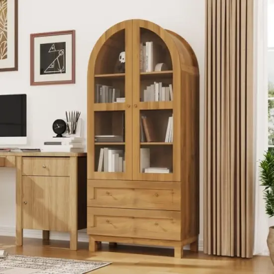 Arched Kitchen Pantry Cabinet, Modern 70in Tall Storage Cabinet Freestanding Farmhouse Cupboard with 2 Drawers and Adjustable Shelves image {7}