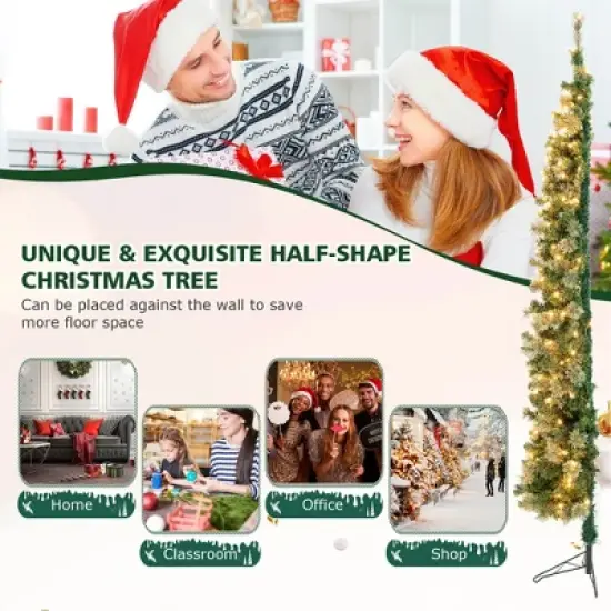 Costway 7ft Pre-lit PVC Artificial & Pine Needles Half Christmas Tree w/ 450 Branch Tips & 150 Lights image {8}