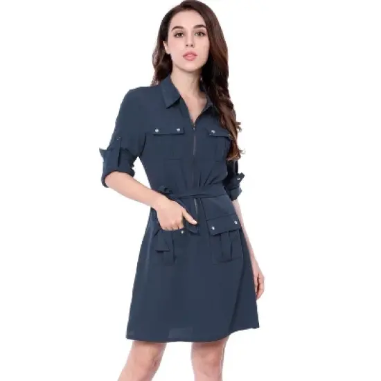 Allegra K Women's Roll Up Sleeves Multi-Pocket Knee Length Belted Shirt Dress image {10}