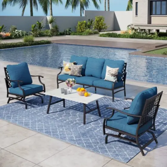 Captiva Designs 4pc Patio Outdoor Conversation Set with Rocking Grid-back Chairs for Garden, Poolside, Backyard image {13}