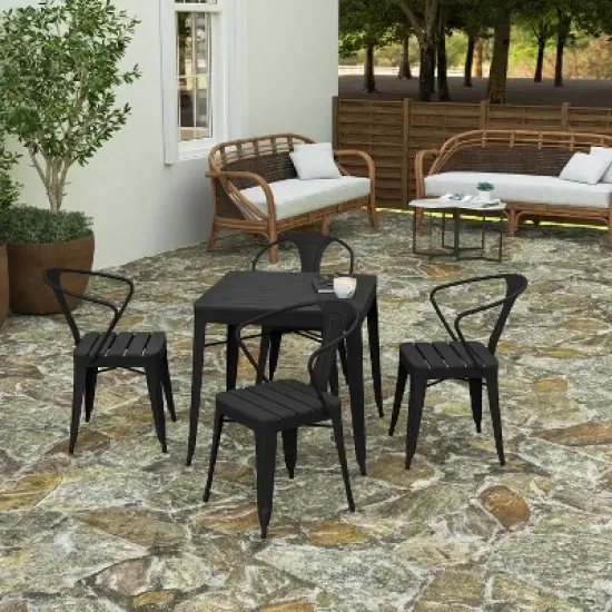 Merrick Lane Five Piece Indoor-Outdoor Dining Table and Chairs Set with 31.5" Square Table and 4 Metal Chairs in Black image {4}