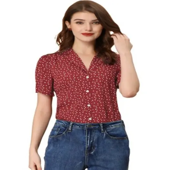 Allegra K Women's Heart-Shaped Polka Dots V Neck Short Sleeve Button Down Vintage Blouse image {7}