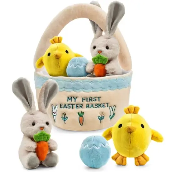 Easter Baby Plush Playset with Easter Basket, Bunny Holding Carrot, Easter Egg, and Squeaky Chicken, Sensory and Decorative Toys for Babies & Newborns image {13}