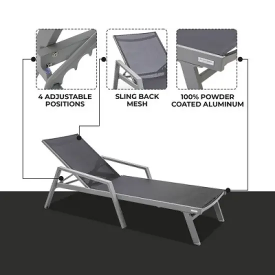 LeisureMod Marlin Modern Patio Sling Chaise Lounge Chair with Arms in Grey Aluminum &ndash; Outdoor Patio, Poolside, Balcony, Garden, Deck Seating image {1}