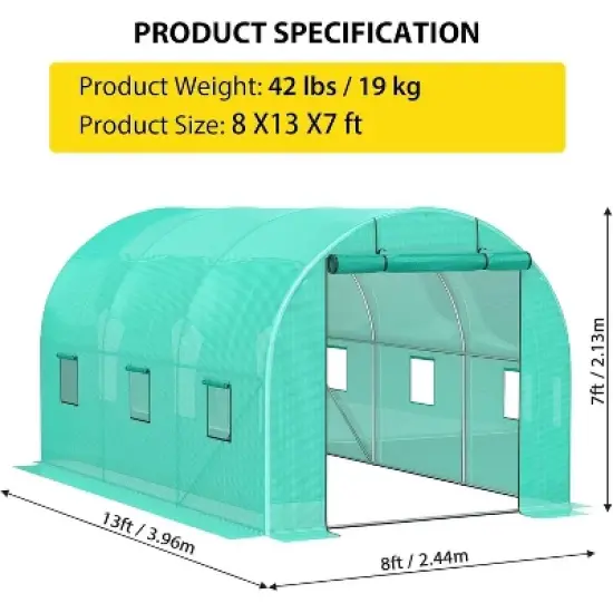 Acekool 8x13FT Walk-In Greenhouse - Galvanized Steel Frame with 6 Windows & PE Cover image {2}