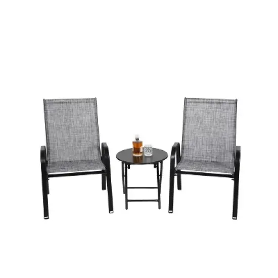 FIONECA 3-Piece Outdoor Patio Set with Folding Chairs and Steel-Top Table, Grey Breathable Textilene Fabric Camping Chairs image {4}