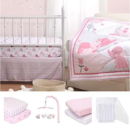 The Peanutshell Pink Elephant Crib Bedding Set, 3pc to 12 Pc, For Girls image {14}