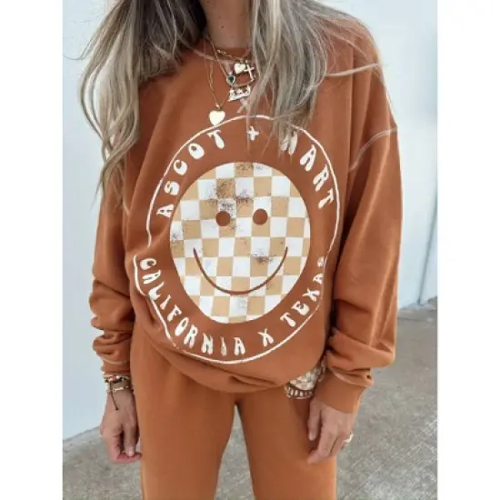 Women's Ascot + Hart Checkered Smile Graphic Pullover Sweater - Orange image {3}