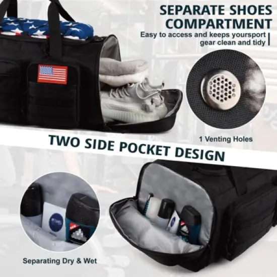 Tactical Gym Bag for Men，70L Large 3 in 1 Sports Duffle Bag with Shoes Compartment for Travel, image {1}