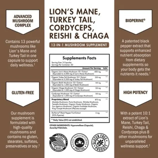 13in1 Mushroom Complex Supplement, Organic Lions Mane, Reishi, Turkey Tail, Cordyceps & more for Energy, Focus & Memory Support, Bioschwartz, 90ct image {2}