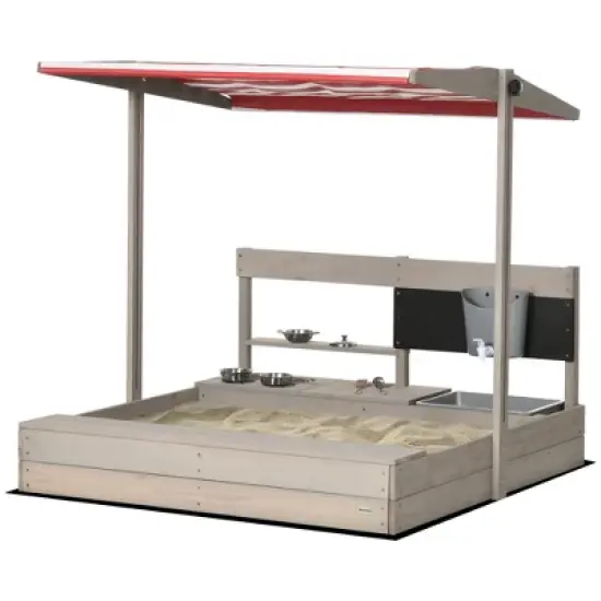 Outsunny Kids Sandbox with Canopy Adjustable, Wooden Sandbox Backyard Toy with Kitchen Playset, Outdoor Activity, Ages 3-7 image {3}