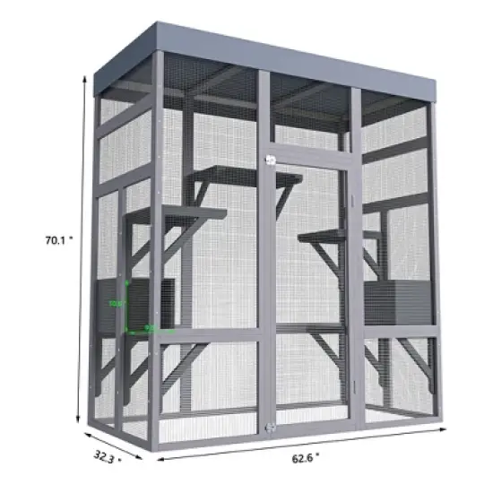 ORRD 62.6" Wooden Outdoor Catio with Waterproof Roof, Large Cat Enclosure with Houses, Platforms & Wire Mesh image {4}