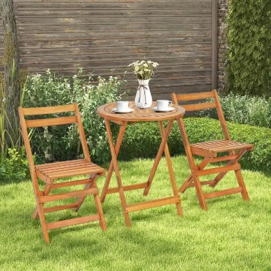 Tangkula 3PCS Folding Bistro Set Solid Acacia Wood Table & Chairs Slatted Tabletop Patio image {3}