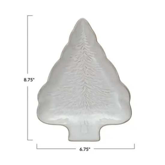 Storied Home Stoneware Tree Shaped Plate with Tree Design with Reactive Glaze, White image {1}