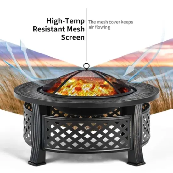 Tangkula 3-in-1 Round Fire Pit Set 32 Inch Round Wood Burning Firepit Table Multifunctional Metal Firepit Stove image {5}