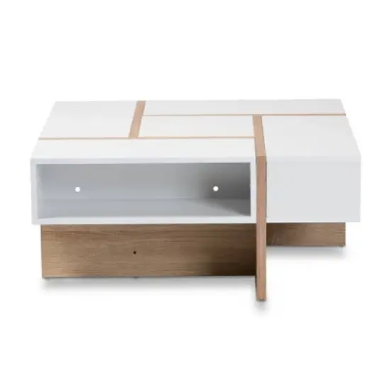 Rasa Wood Coffee Table White/Oak - Baxton Studio: Modern Living Room Furniture, Geometric Design, Open Storage Shelves image {1}