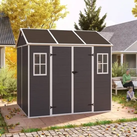 8*7ft Outdoor Storage Shed, Outdoor Resin Shed with Two-Window and Double-Door, Plastic Shed with Floor for Garden, Patio, Yard, Lawn (Dark Gray) image {16}
