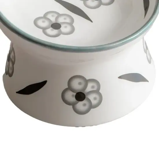 Dexypaws: Elevated Ceramic Cat Bowl, Floral White & Black, 7oz, Pet Feeding Dish image {4}