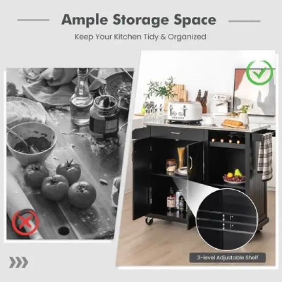 Costway Kitchen Island Cart Rolling Utility Trolley Stainless Steel Top Wine Rack image {4}