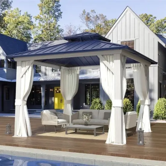 EROMMY 10' X 12' Hardtop Gazebo with Galvanized Steel Roof, All-Season Aluminum Outdoor Pergola with Netting & Curtains image {4}
