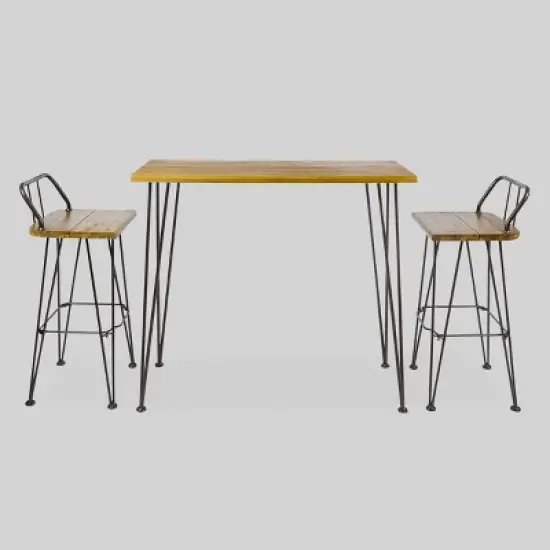 Denali 3pc Acacia Wood Industrial Patio Bar Set - Teak - Christopher Knight Home image {1}