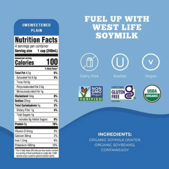 West Life Organic Unsweetened Plain Shelf Stable Soy Milk - 32 fl oz image {3}