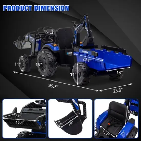 24V 3 in 1 Kids Ride on Tractor, Excavator & Bulldozer, Electric Vehicle w/Trailer, Shovel Bucket, Digger image {3}
