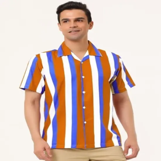 Lars Amadeus Men's Summer Stripe Printed Regular Fit Short Sleeves Button Closure Color Block Shirts image {2}