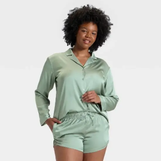 Women's Satin Notch Collar Long Sleeve Shirt and Shorts Pajama Set - Auden&trade; image {3}