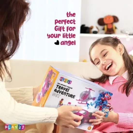 Doll Convertible Car Set Of 10PCs in Color Pink with Lights and Sounds, Helicopter Doll, 2 Figurines and Dining Table Doll Set - Play22Usa image {1}