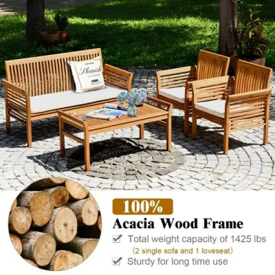 Tangkula 4-Piece Patio Acacia Wood Sofa Set Conversation Table Chairs with Beige Cushions image {6}