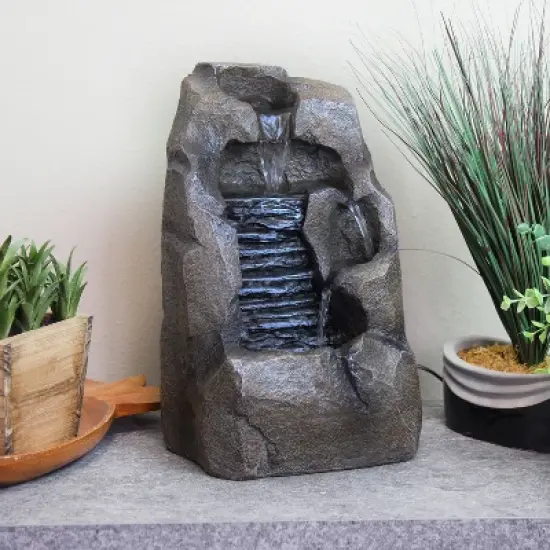 Sunnydaze Indoor Home Office Decorative Resin Stony Rock Waterfall Tabletop Water Fountain - 11" - Gray image {1}