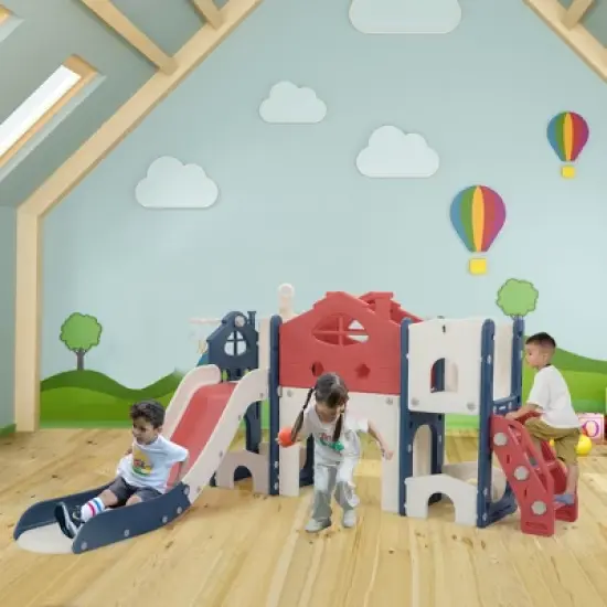 INFURNIC Baby Activity Gyms Kids House-Shaped Slide and Playset, Indoor, Outdoor Playground with Basketball Hoop, Multicolored, 76.18"*65.35"*38" image {2}