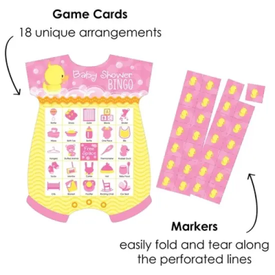 Big Dot of Happiness Pink Ducky Duck - Picture Bingo Cards and Markers - Baby Shower Shaped Bingo Game - Set of 18 image {1}