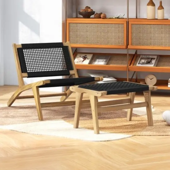 Tangkula Teak Ottoman Footstool w/ Handwoven Cordage for Patio Porch Balcony Lawn image {3}